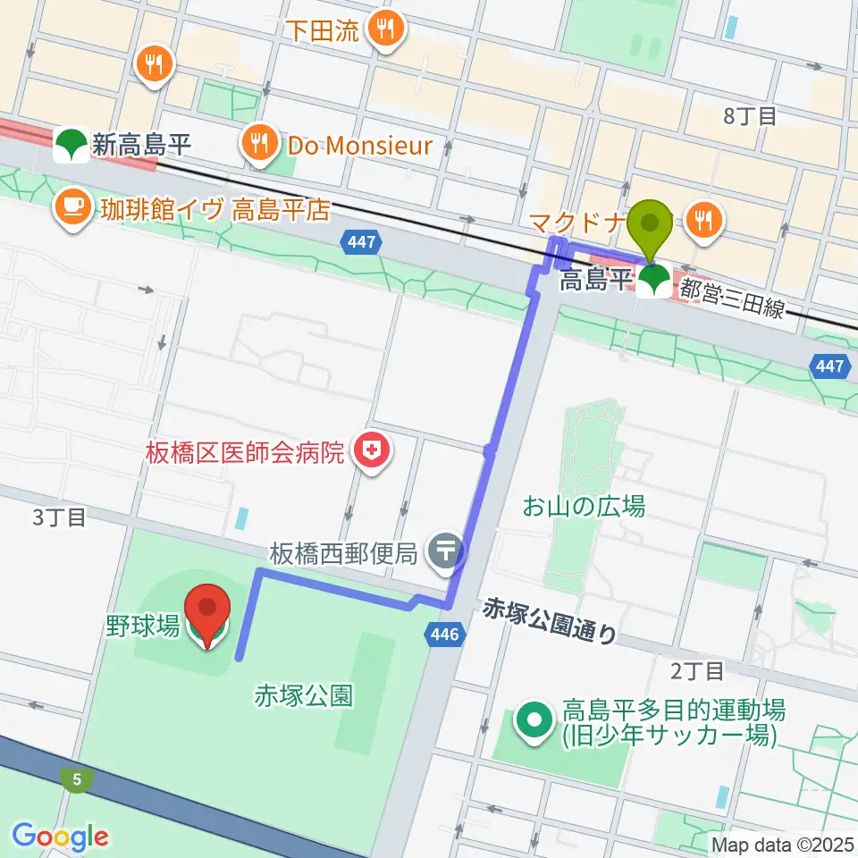 高島平駅から赤塚公園野球場へのルートマップ地図