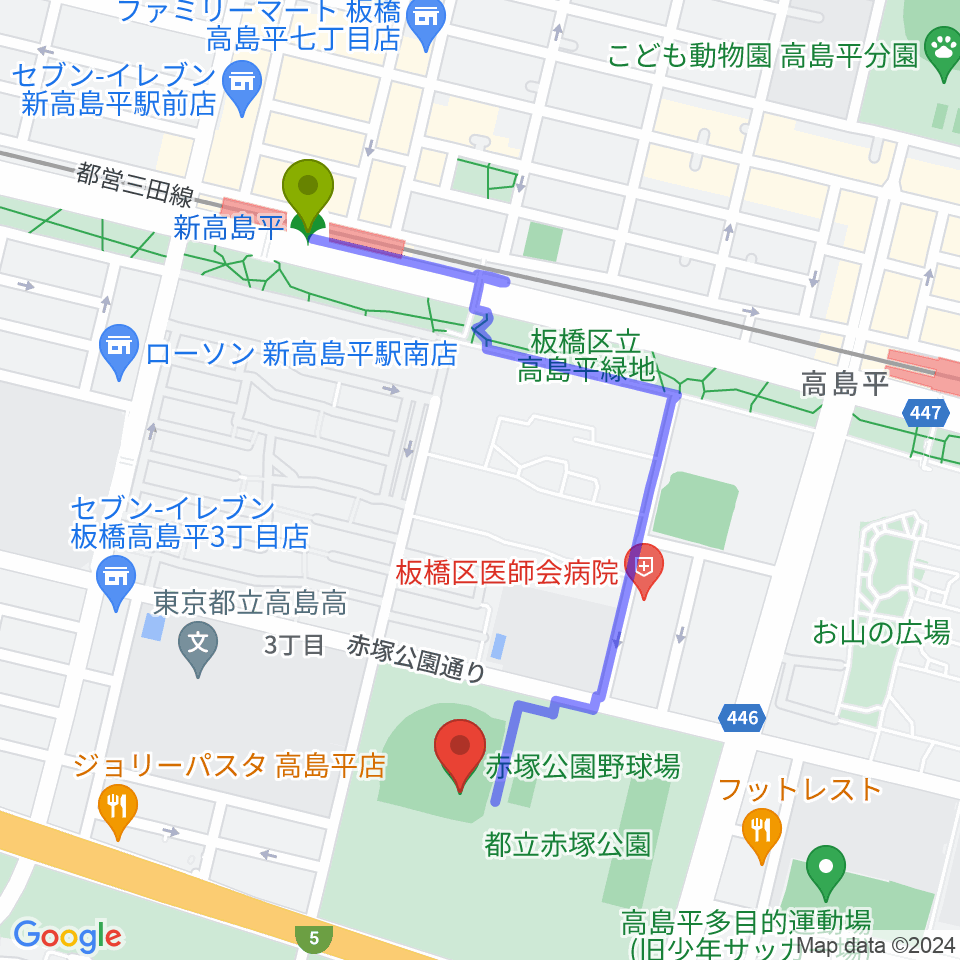 赤塚公園野球場の最寄駅新高島平駅からの徒歩ルート（約9分）地図