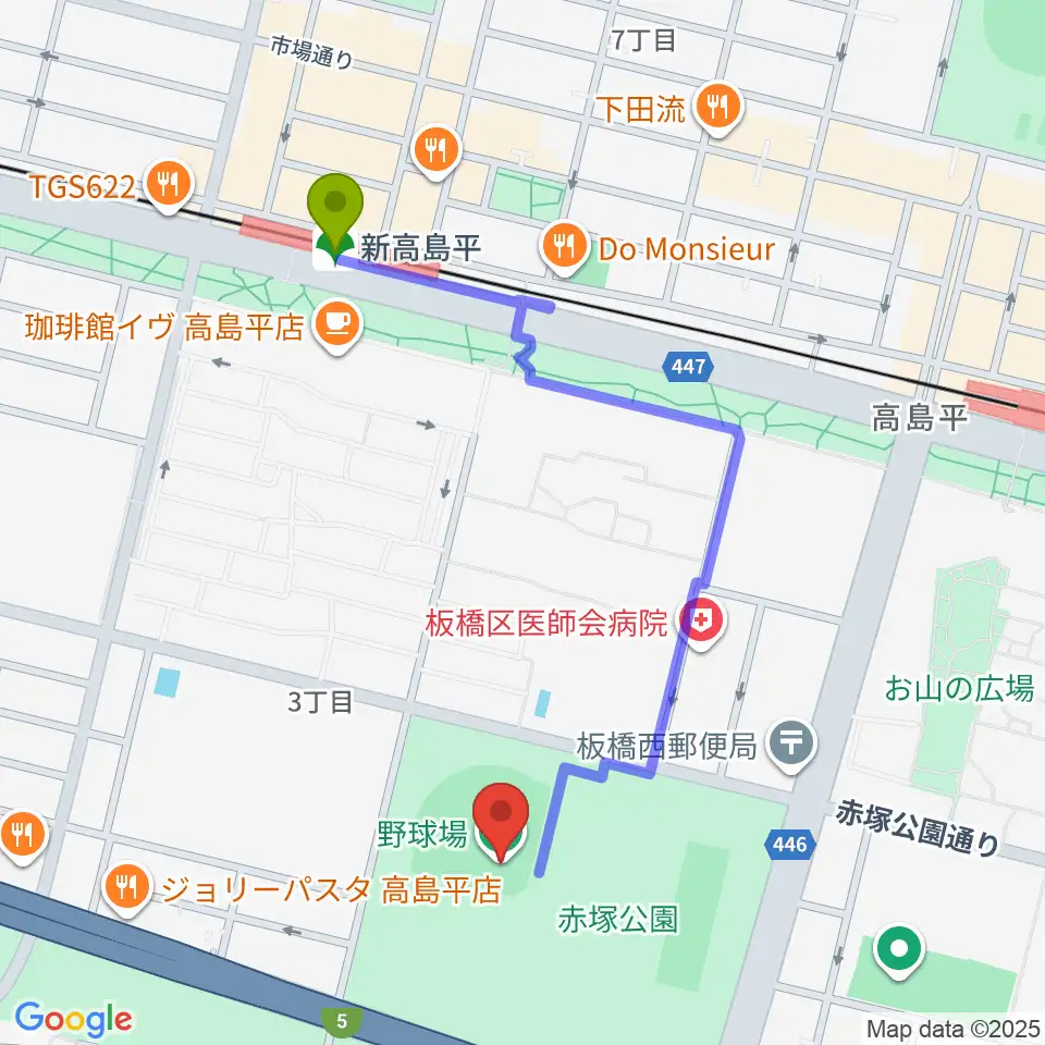 赤塚公園野球場の最寄駅新高島平駅からの徒歩ルート（約9分）地図