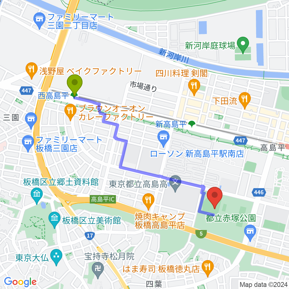 西高島平駅から赤塚公園野球場へのルートマップ地図