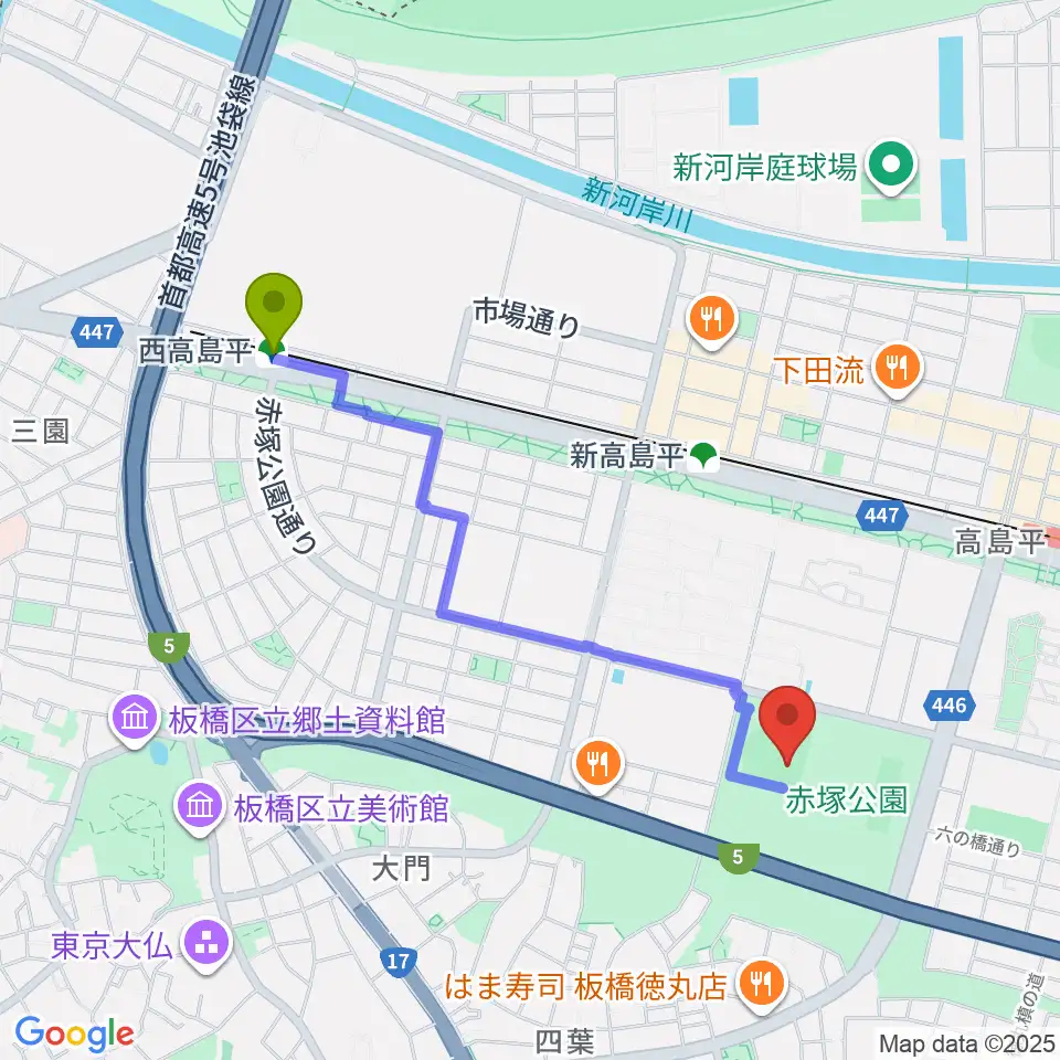 西高島平駅から赤塚公園野球場へのルートマップ地図