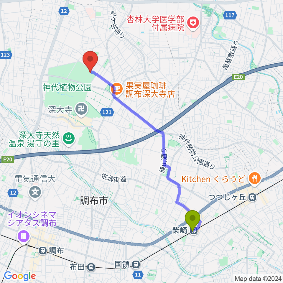 柴崎駅から調布市総合体育館へのルートマップ地図