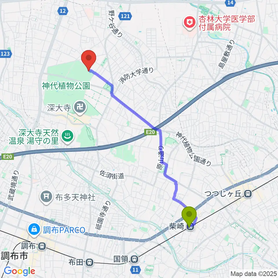 柴崎駅から調布市総合体育館へのルートマップ地図