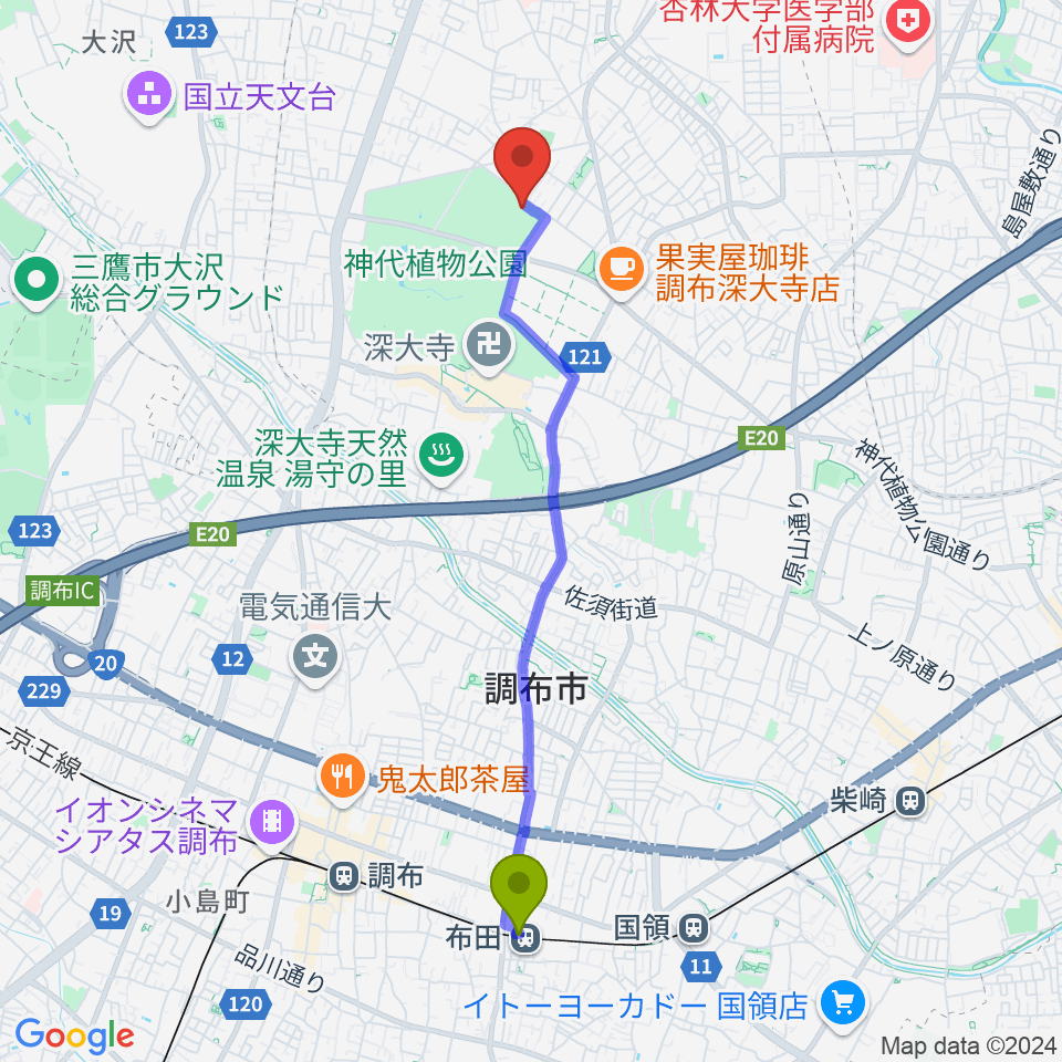 布田駅から調布市総合体育館へのルートマップ地図