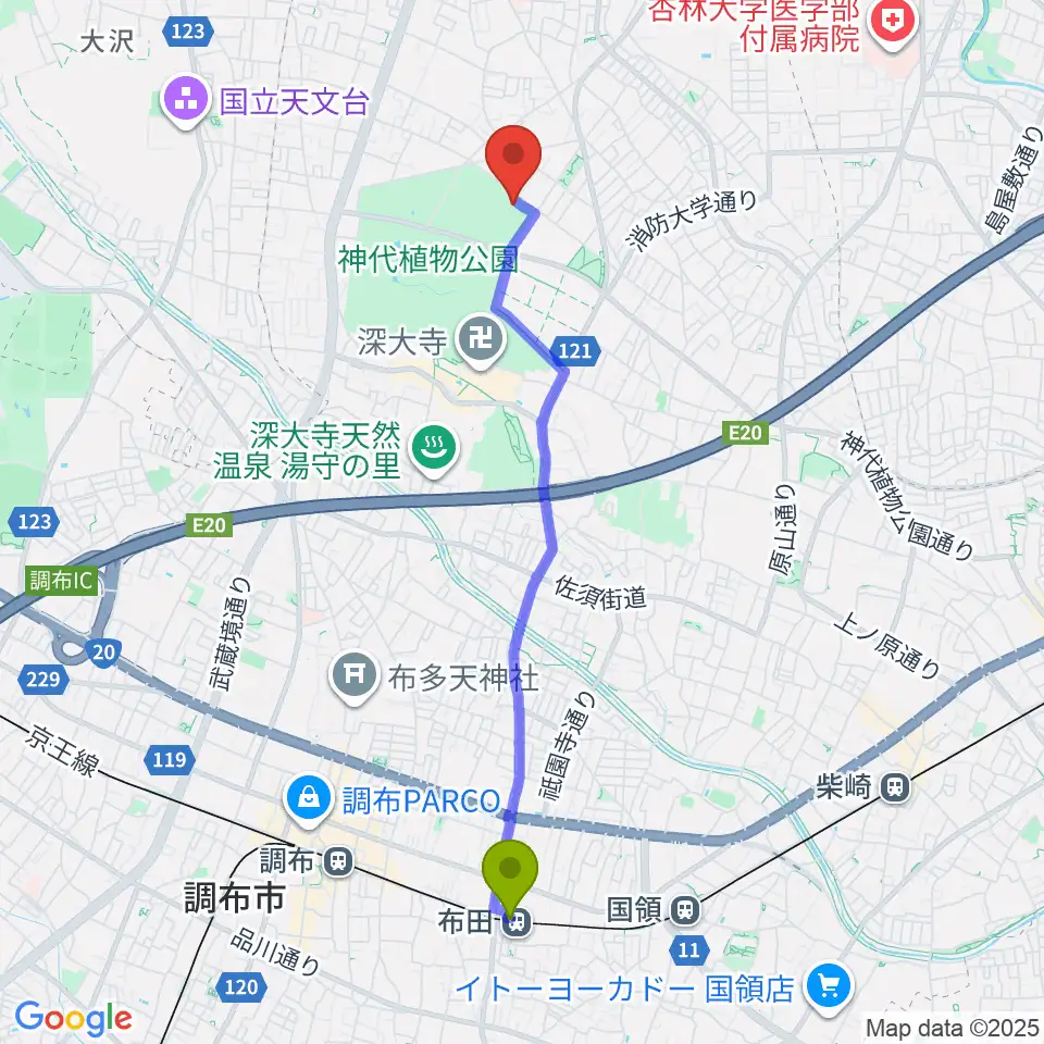 布田駅から調布市総合体育館へのルートマップ地図