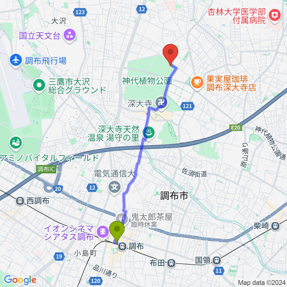 調布市総合体育館の最寄駅調布駅からの徒歩ルート（約40分）地図