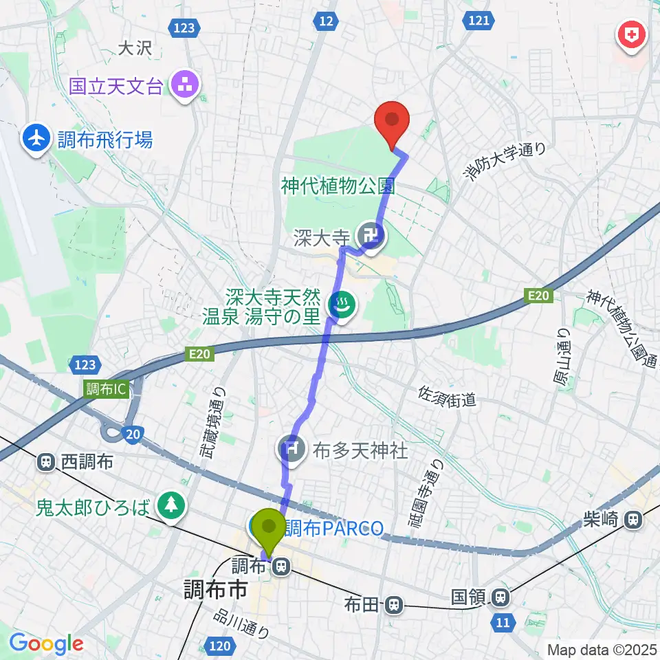 調布市総合体育館の最寄駅調布駅からの徒歩ルート（約40分）地図