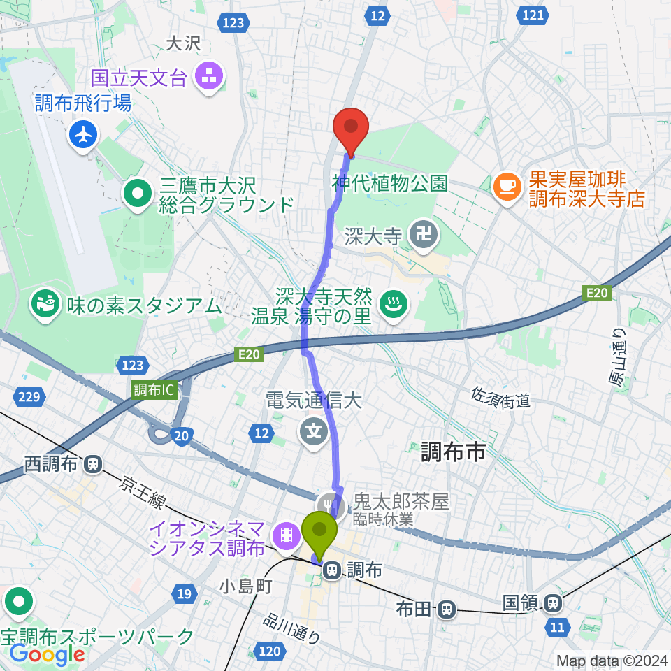 調布駅から神代植物公園へのルートマップ地図