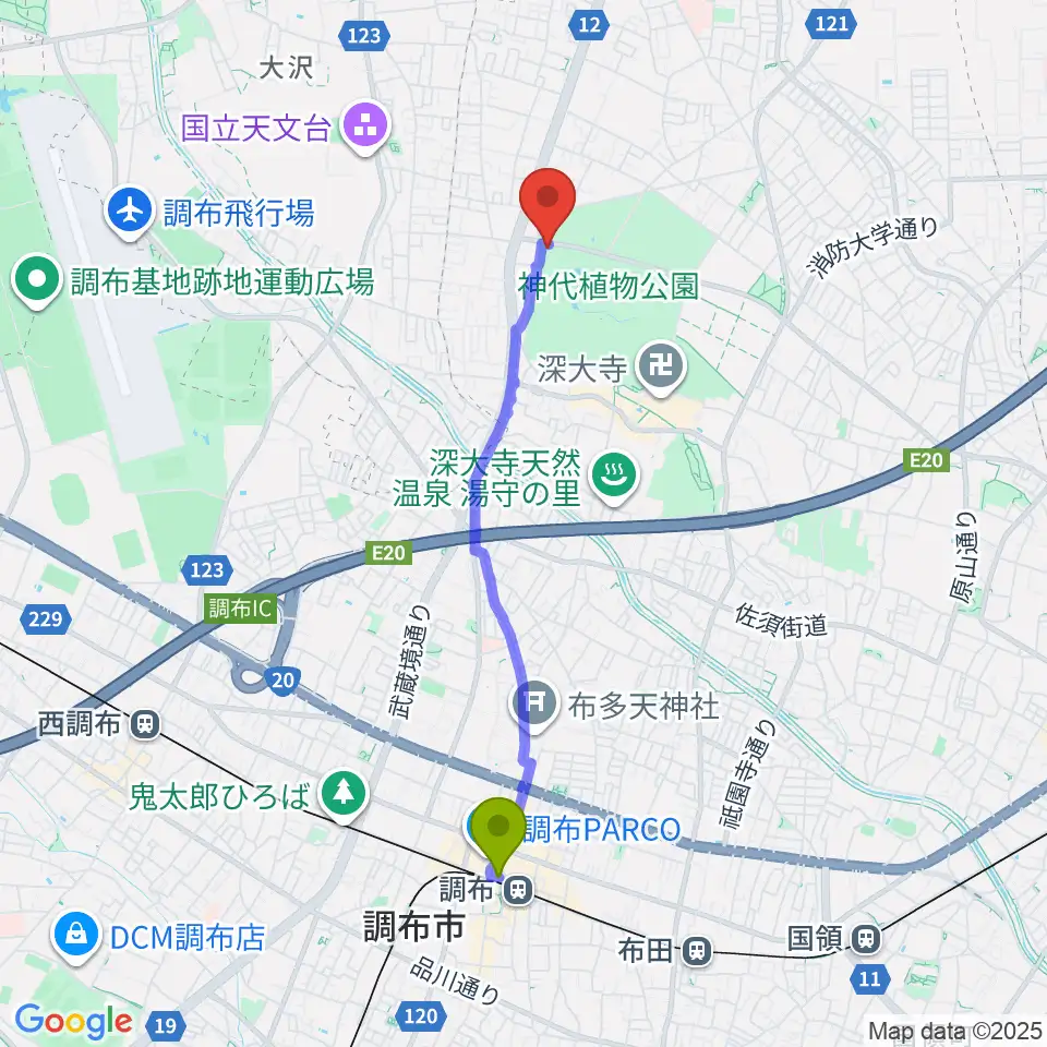 調布駅から神代植物公園へのルートマップ地図