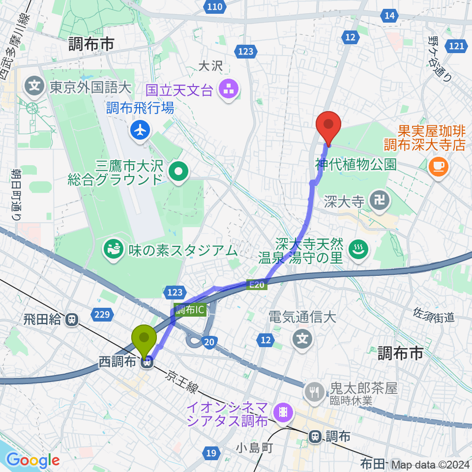 神代植物公園の最寄駅西調布駅からの徒歩ルート（約37分）地図