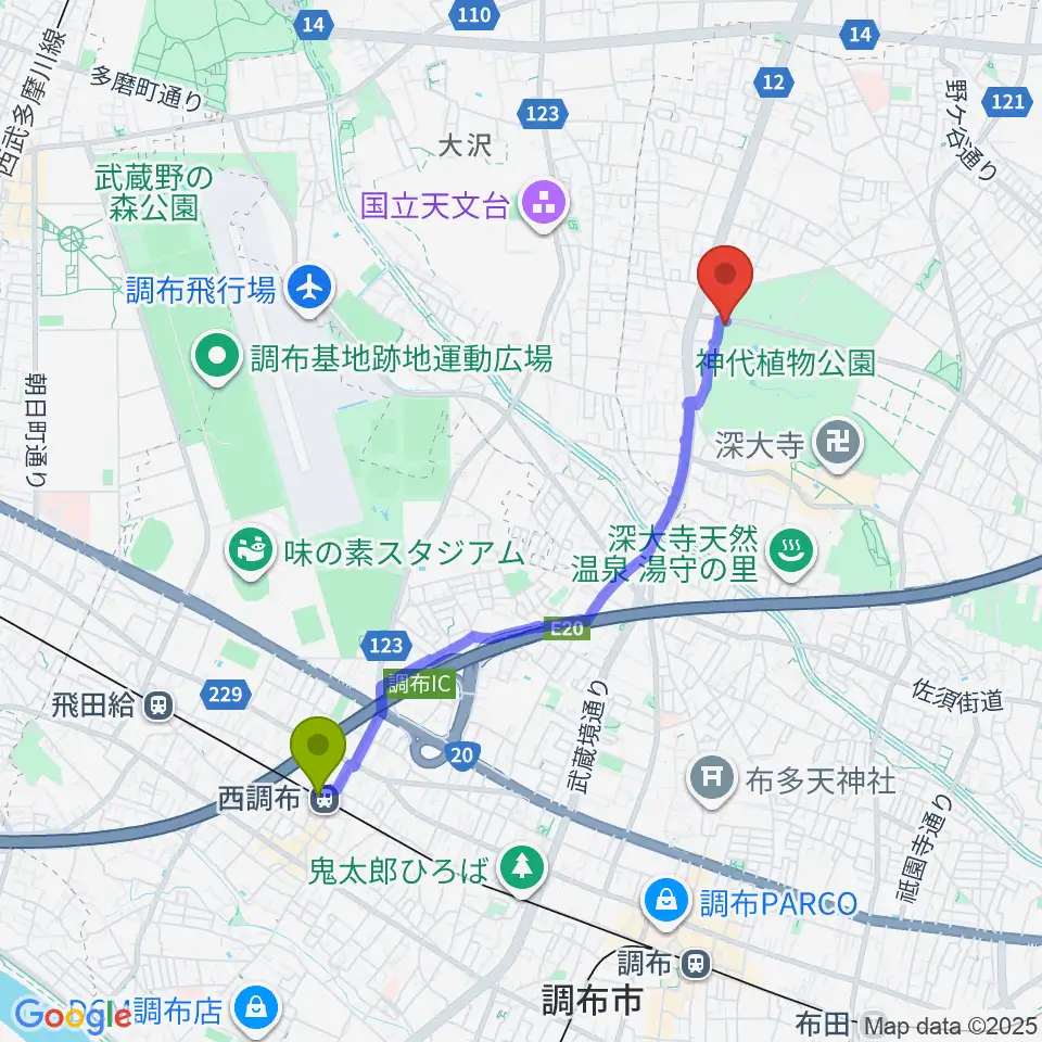 神代植物公園の最寄駅西調布駅からの徒歩ルート（約37分）地図