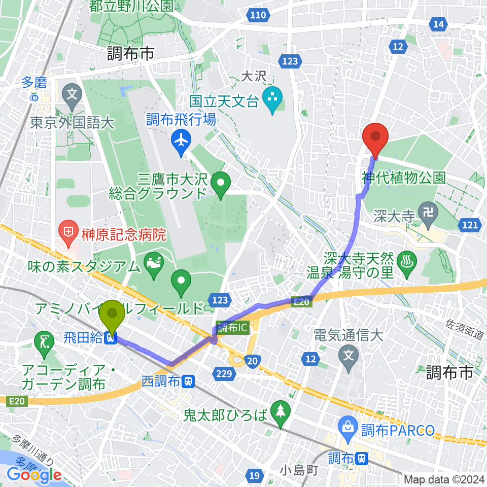 飛田給駅から神代植物公園へのルートマップ地図