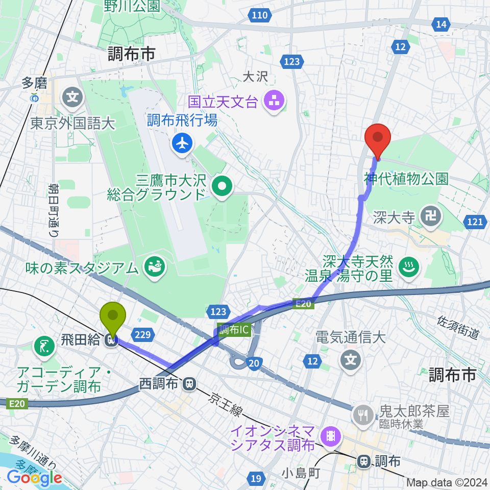 飛田給駅から神代植物公園へのルートマップ地図