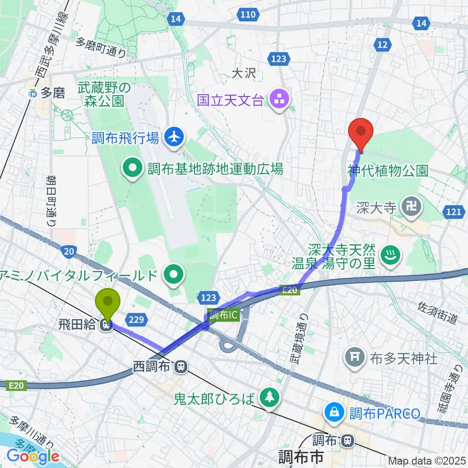 飛田給駅から神代植物公園へのルートマップ地図