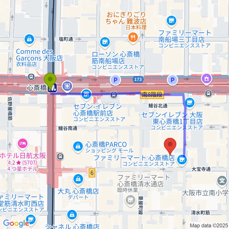 ベースオントップ東心斎橋店の最寄駅心斎橋駅からの徒歩ルート（約5分）地図