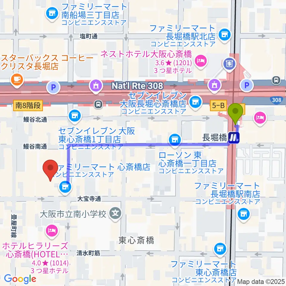 長堀橋駅からベースオントップ東心斎橋店へのルートマップ地図