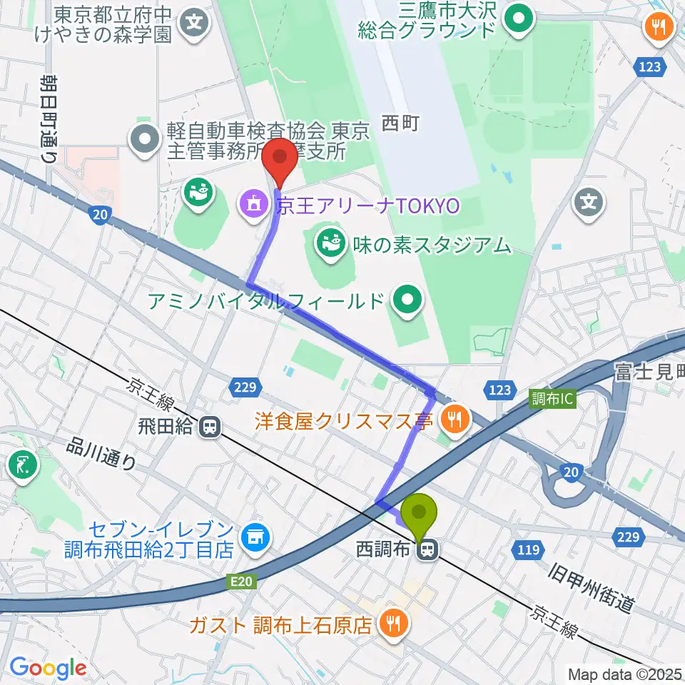 西調布駅からミズノフットサルプラザ調布へのルートマップ地図