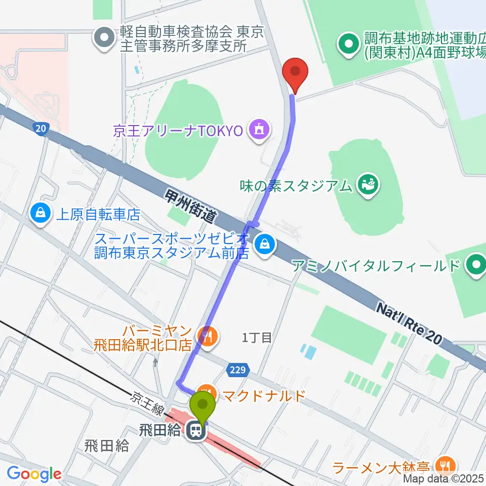 ミズノフットサルプラザ調布の最寄駅飛田給駅からの徒歩ルート（約11分）地図