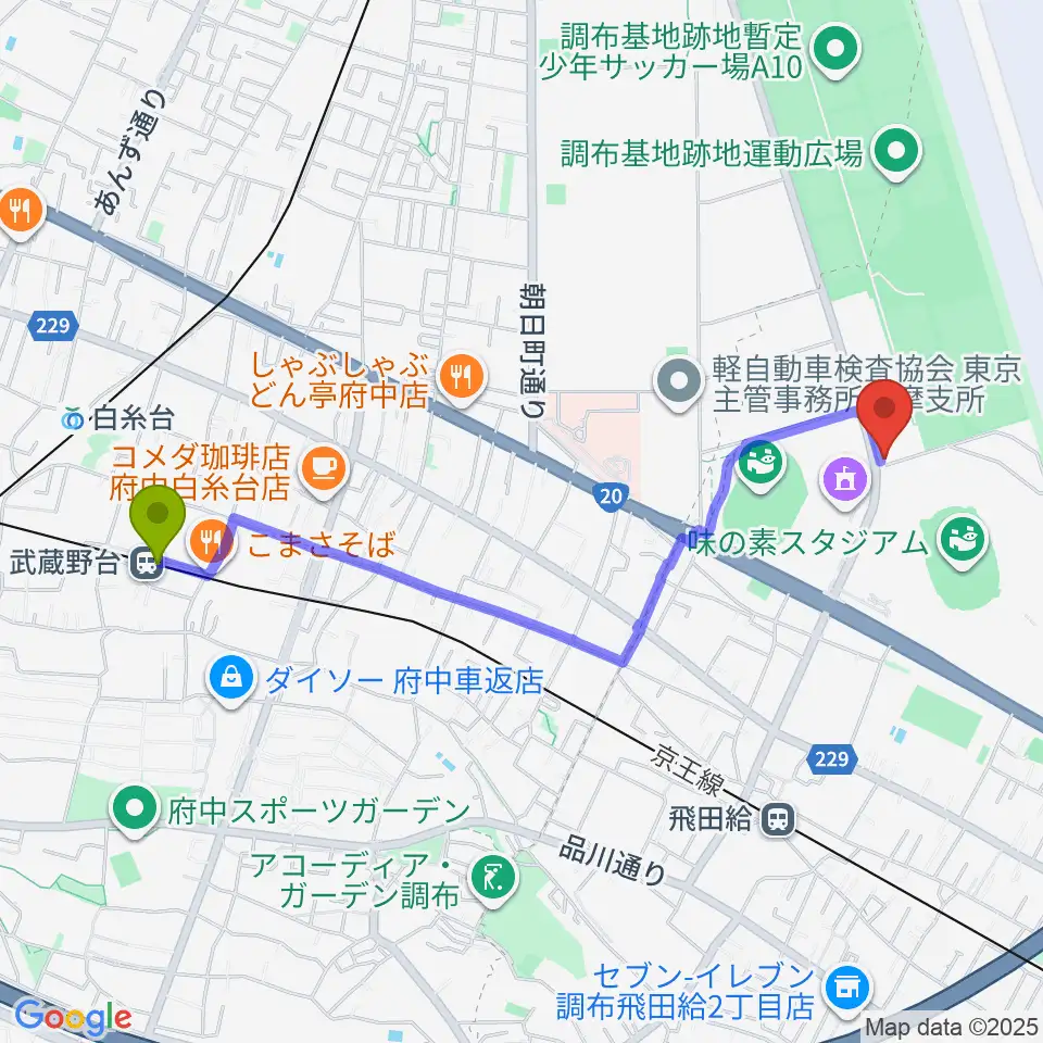 武蔵野台駅からミズノフットサルプラザ調布へのルートマップ地図
