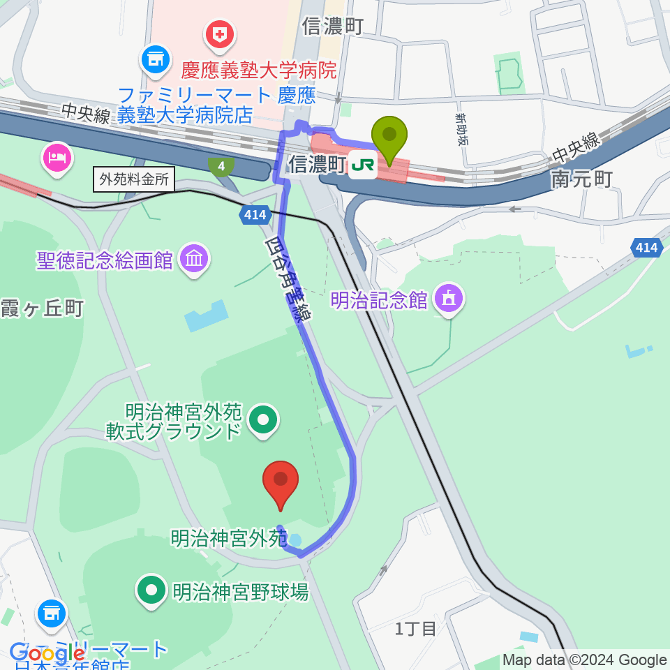 明治神宮外苑軟式球場の最寄駅信濃町駅からの徒歩ルート（約8分）地図