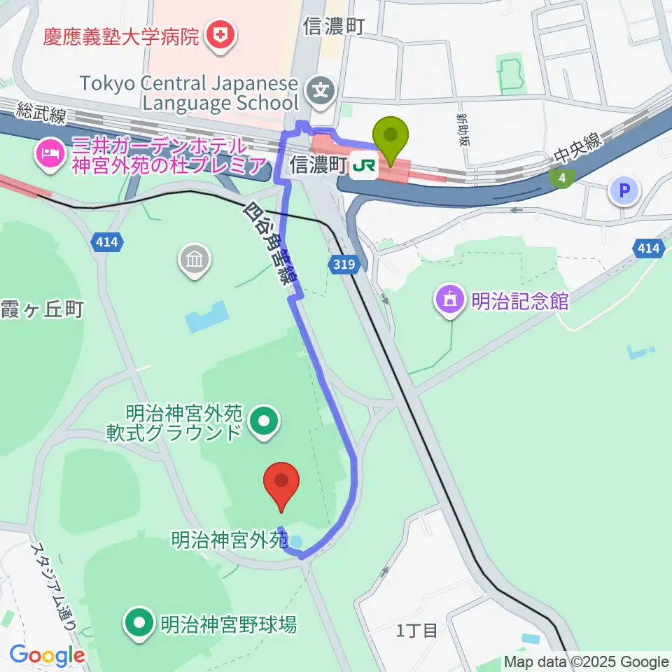 明治神宮外苑軟式球場の最寄駅信濃町駅からの徒歩ルート（約8分）地図