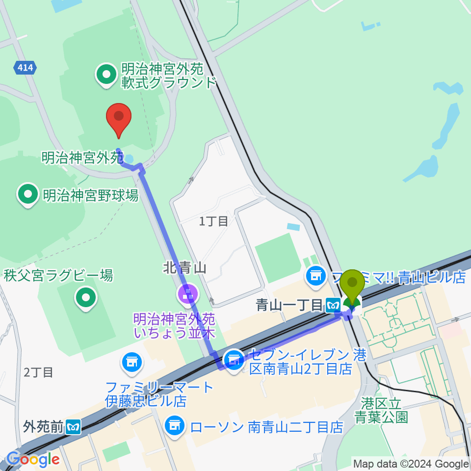 青山一丁目駅から明治神宮外苑軟式球場へのルートマップ地図