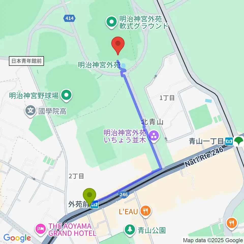 外苑前駅から明治神宮外苑軟式球場へのルートマップ地図