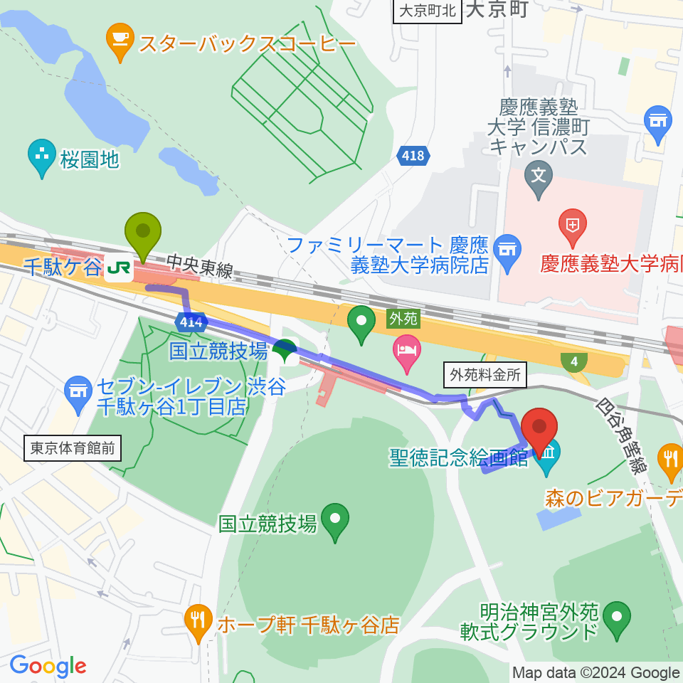 千駄ケ谷駅から聖徳記念絵画館へのルートマップ地図