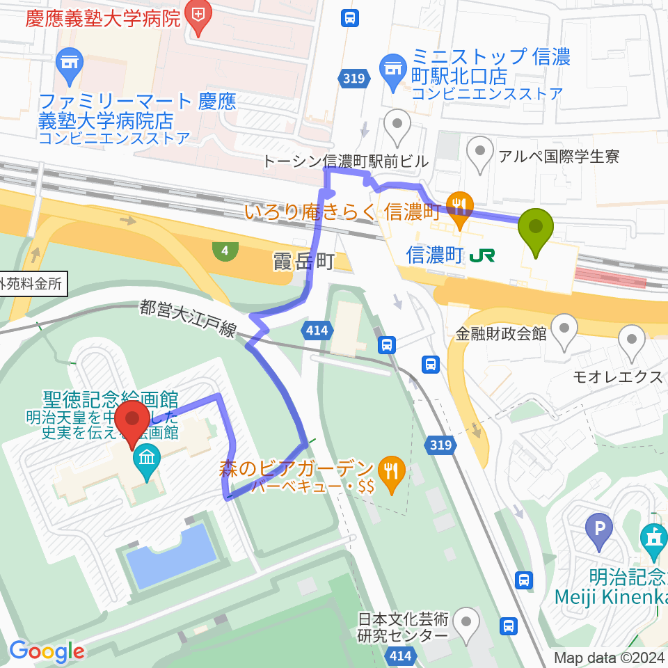 信濃町駅から聖徳記念絵画館へのルートマップ地図