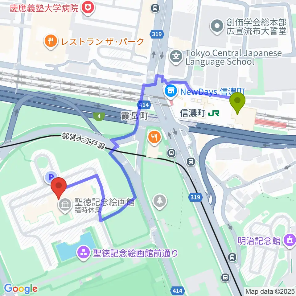 信濃町駅から聖徳記念絵画館へのルートマップ地図