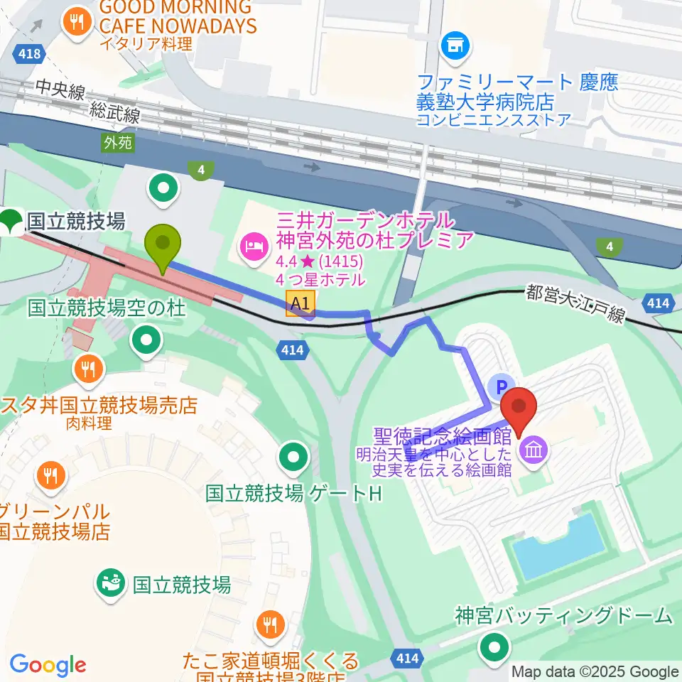 聖徳記念絵画館の最寄駅国立競技場駅からの徒歩ルート（約4分）地図