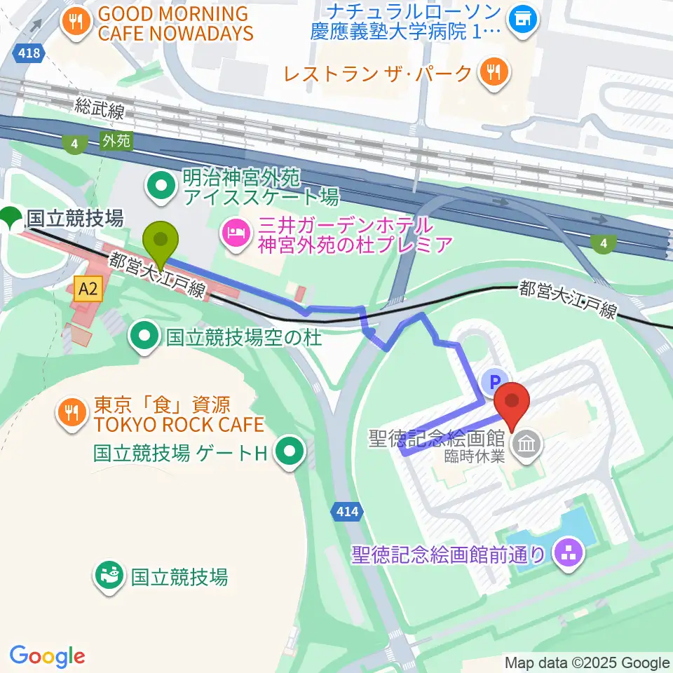 聖徳記念絵画館の最寄駅国立競技場駅からの徒歩ルート（約4分）地図