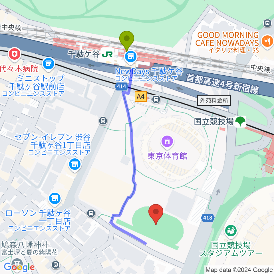 千駄ケ谷駅から東京体育館フットサルコートへのルートマップ地図