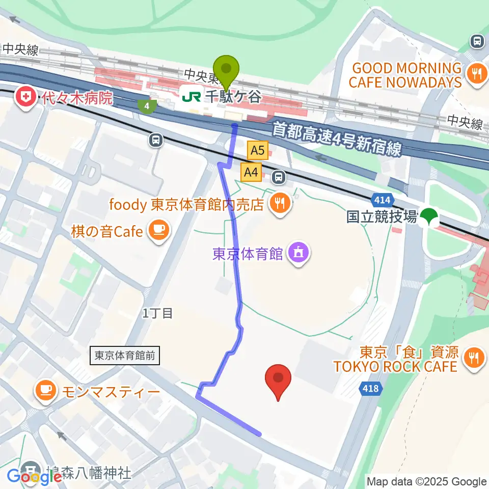 千駄ケ谷駅から東京体育館フットサルコートへのルートマップ地図