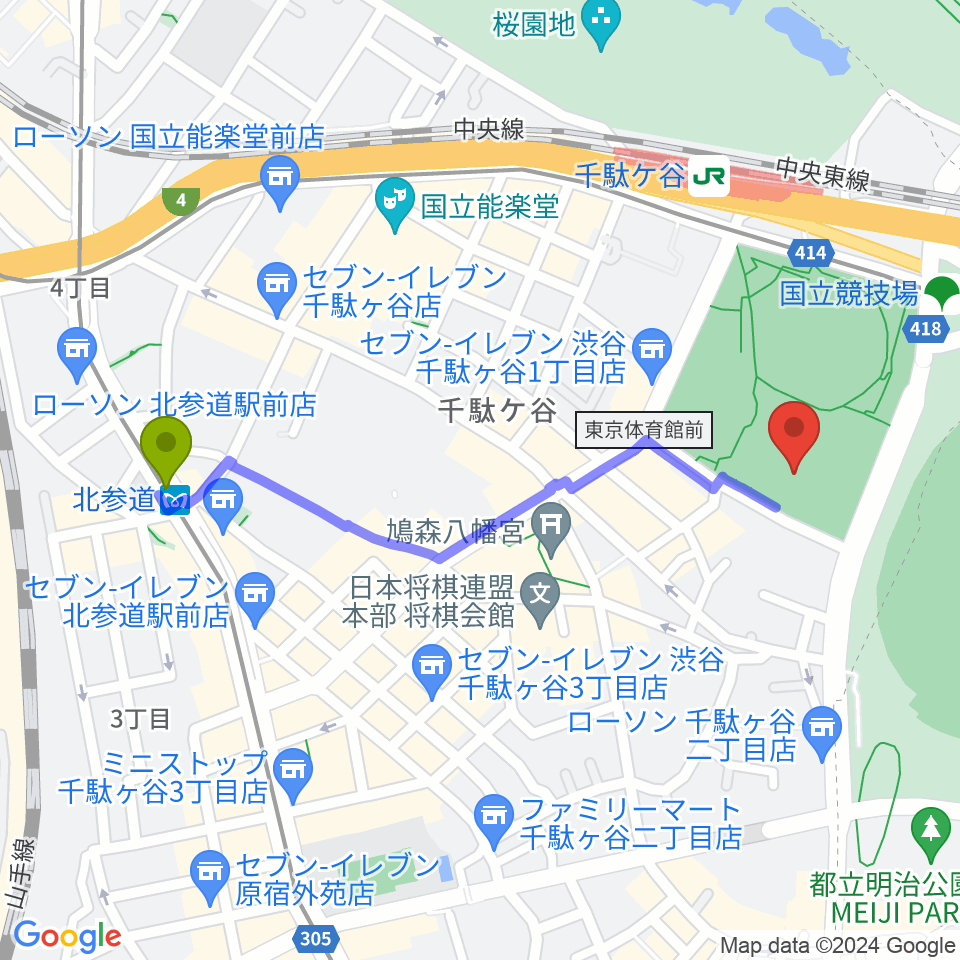 北参道駅から東京体育館フットサルコートへのルートマップ地図