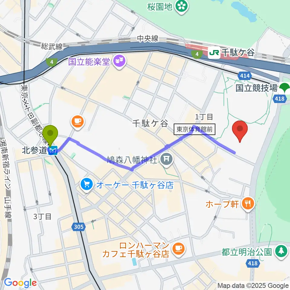北参道駅から東京体育館フットサルコートへのルートマップ地図