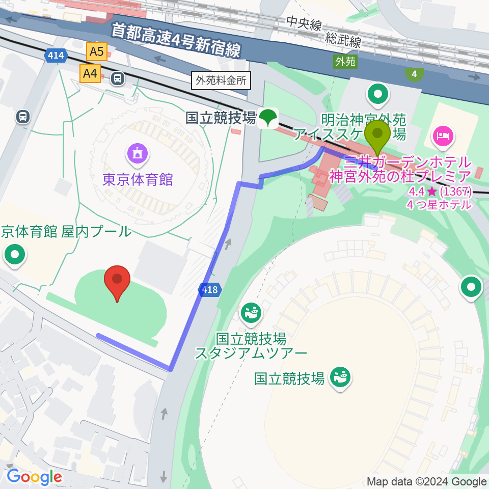 東京体育館フットサルコートの最寄駅国立競技場駅からの徒歩ルート（約5分）地図