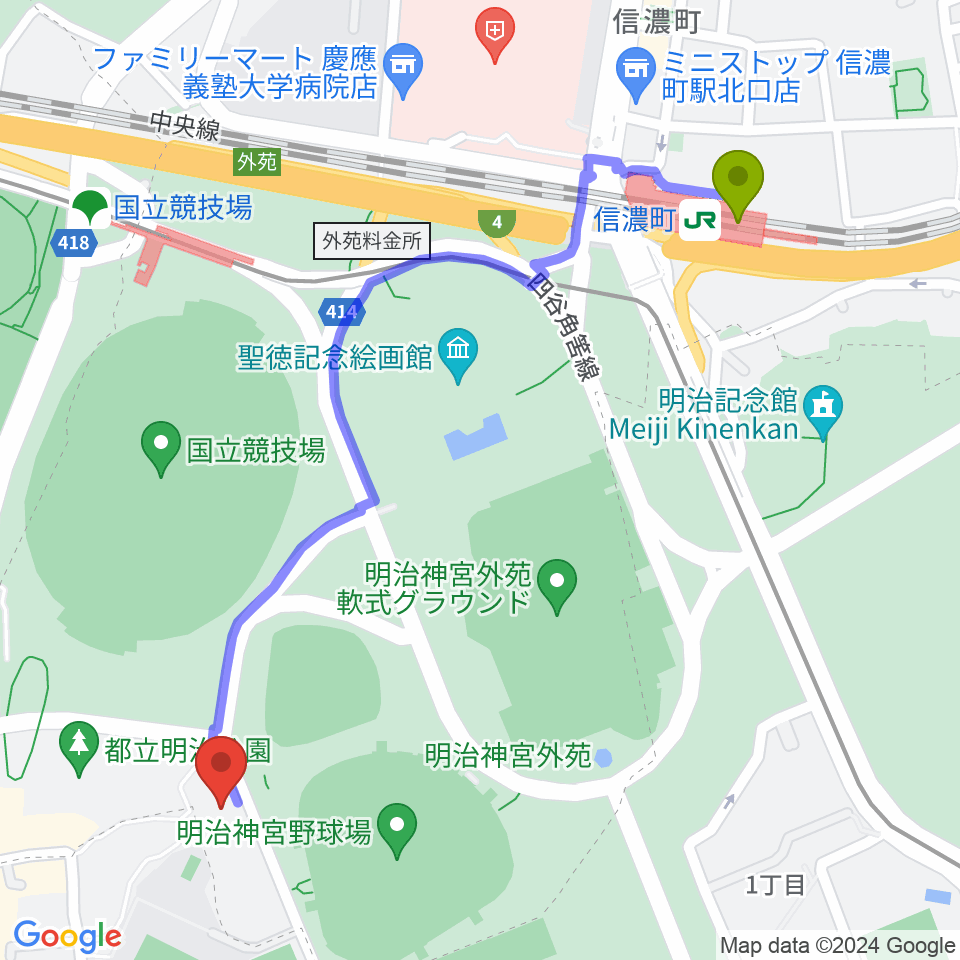 信濃町駅から日本オリンピックミュージアムへのルートマップ地図
