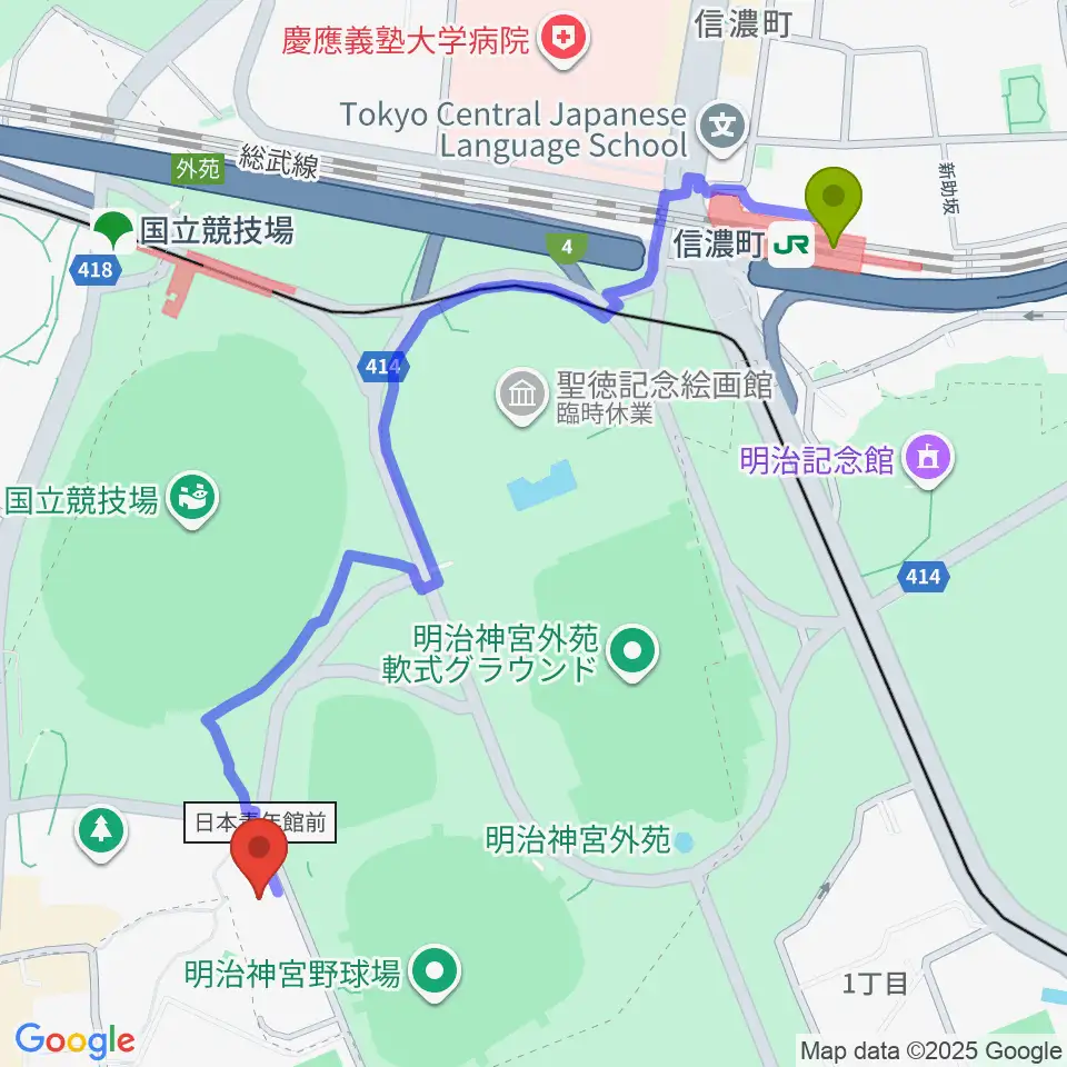信濃町駅から日本オリンピックミュージアムへのルートマップ地図