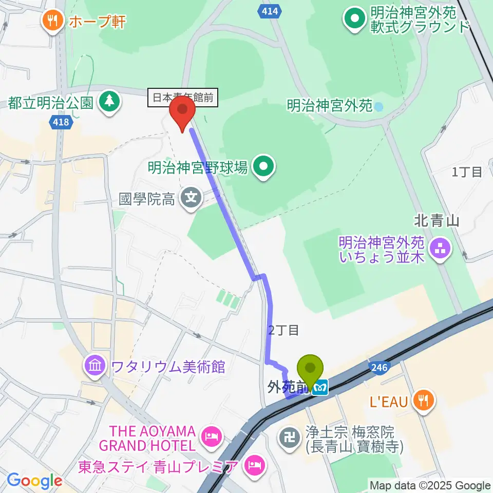 日本オリンピックミュージアムの最寄駅外苑前駅からの徒歩ルート（約9分）地図