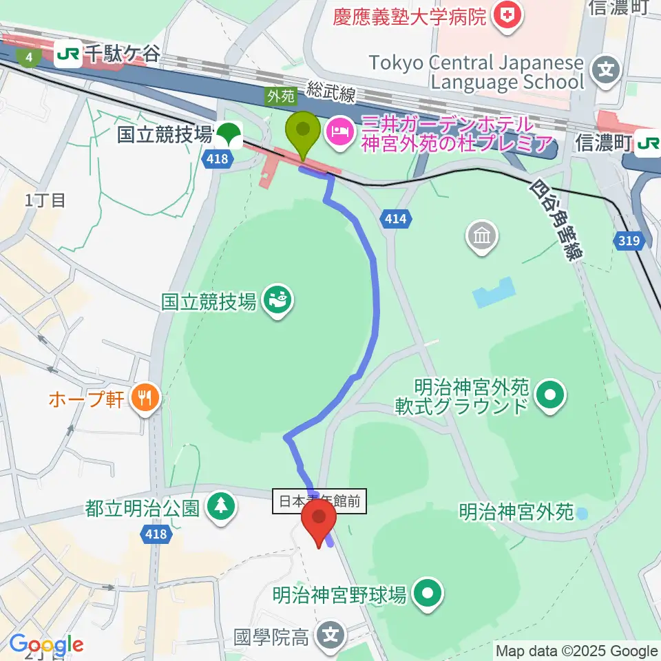 国立競技場駅から日本オリンピックミュージアムへのルートマップ地図