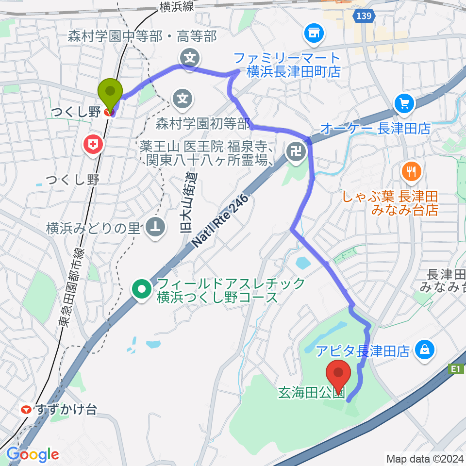 つくし野駅から玄海田公園運動広場へのルートマップ地図