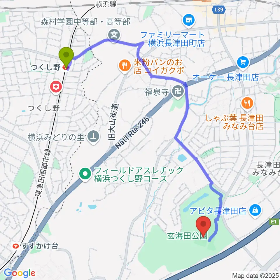 つくし野駅から玄海田公園運動広場へのルートマップ地図