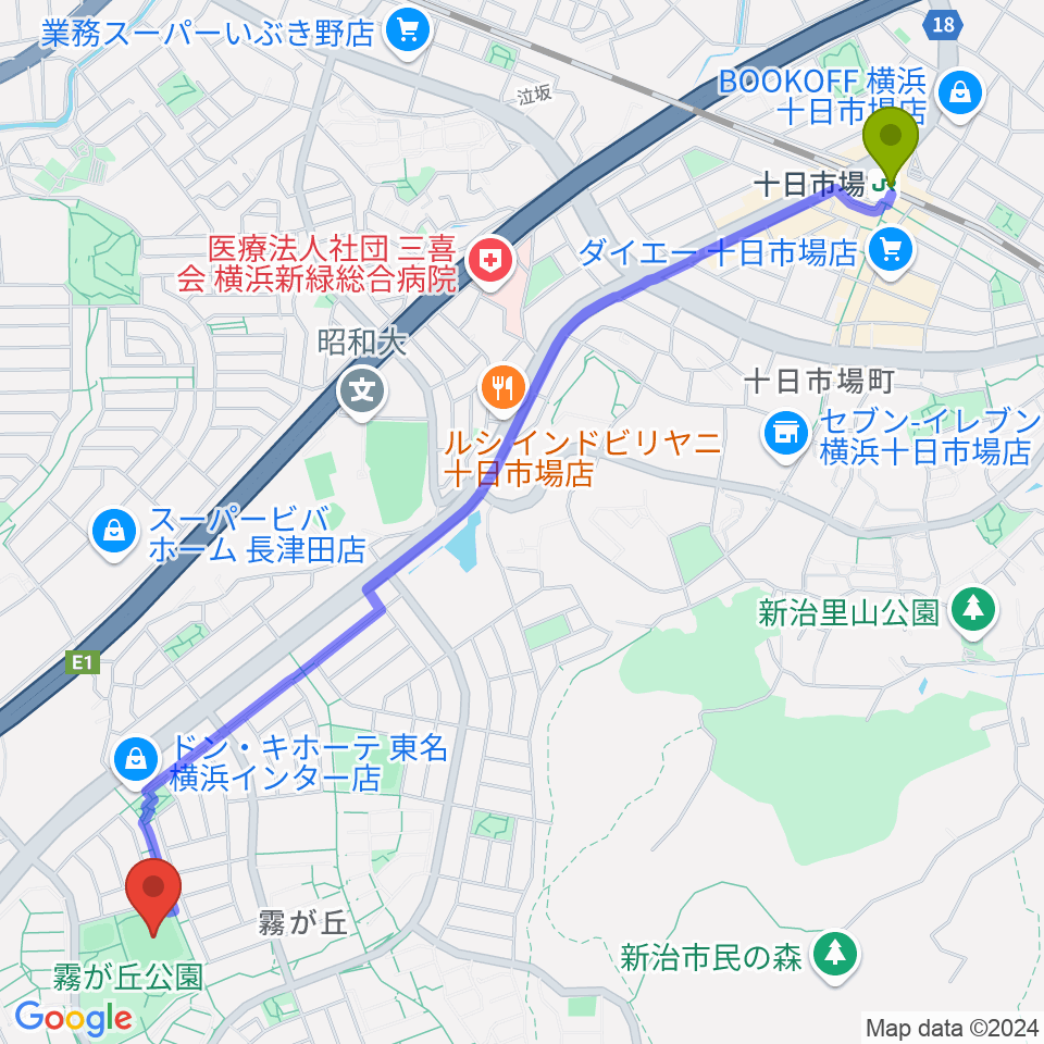 霧が丘公園グラウンドの最寄駅十日市場駅からの徒歩ルート（約31分）地図