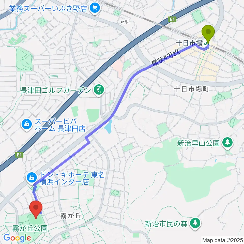 霧が丘公園グラウンドの最寄駅十日市場駅からの徒歩ルート（約31分）地図