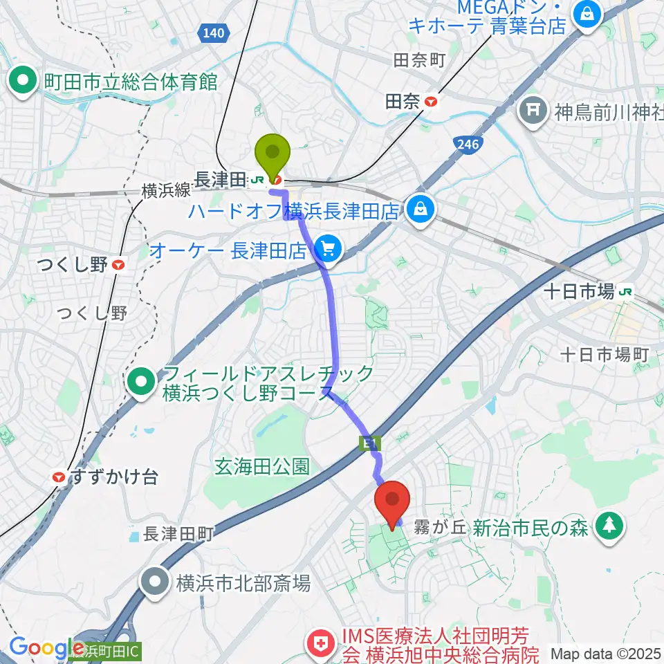 長津田駅から霧が丘公園グラウンドへのルートマップ地図
