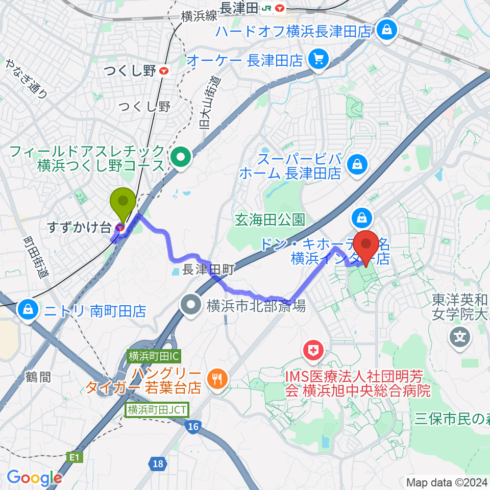 すずかけ台駅から霧が丘公園グラウンドへのルートマップ地図