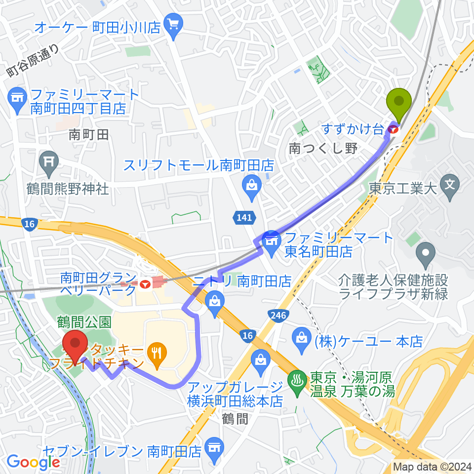 すずかけ台駅から鶴間公園グラウンドへのルートマップ地図