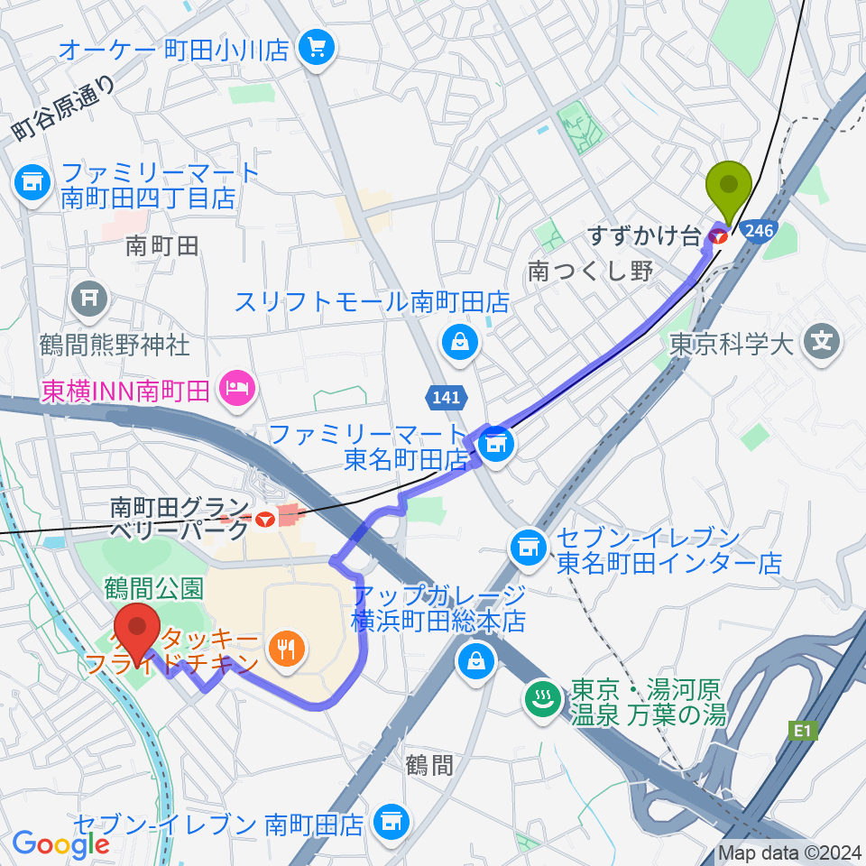 すずかけ台駅から鶴間公園グラウンドへのルートマップ地図