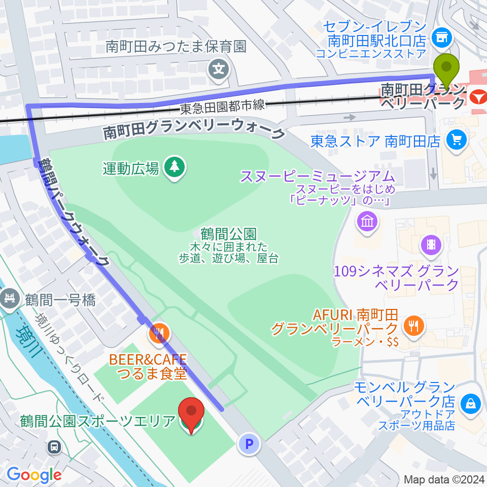 鶴間公園グラウンドの最寄駅南町田グランベリーパーク駅からの徒歩ルート（約7分）地図